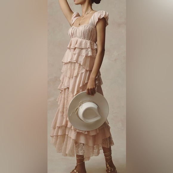 Anthropologie Square Neck Cap Sleeves Ruffle Lace Midi Dress Size Medium - Picture 2 of 10